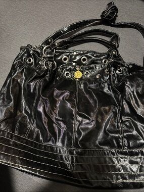 Large sized Big Buddha Black Patent Shoulder Bag with Gold Accent
